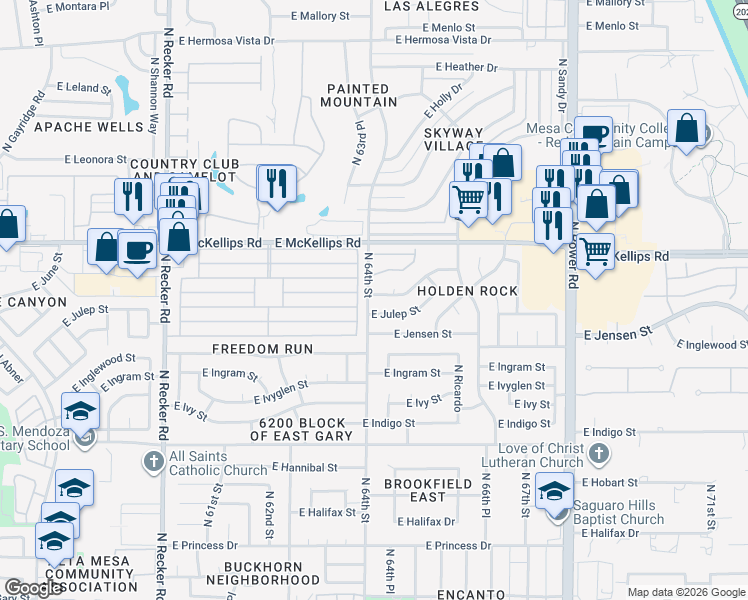 map of restaurants, bars, coffee shops, grocery stores, and more near 6409 East June Street in Mesa