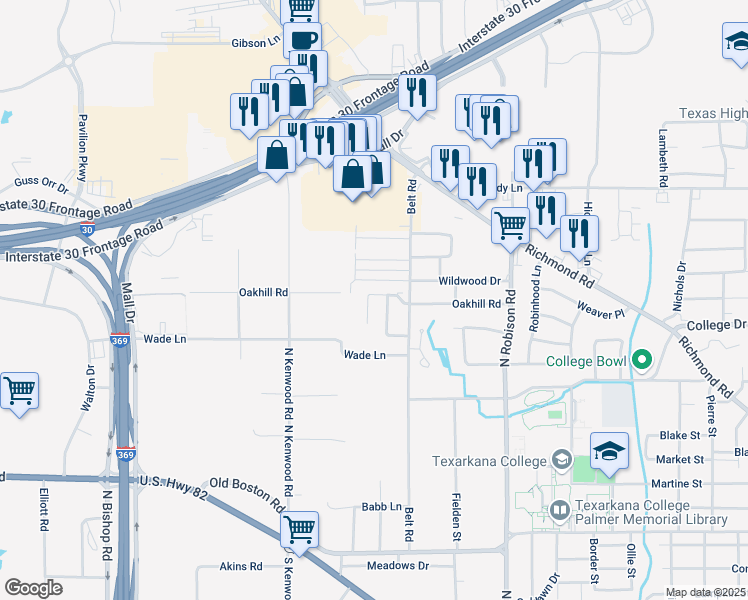 map of restaurants, bars, coffee shops, grocery stores, and more near 205-207 Cheyenne Place in Texarkana