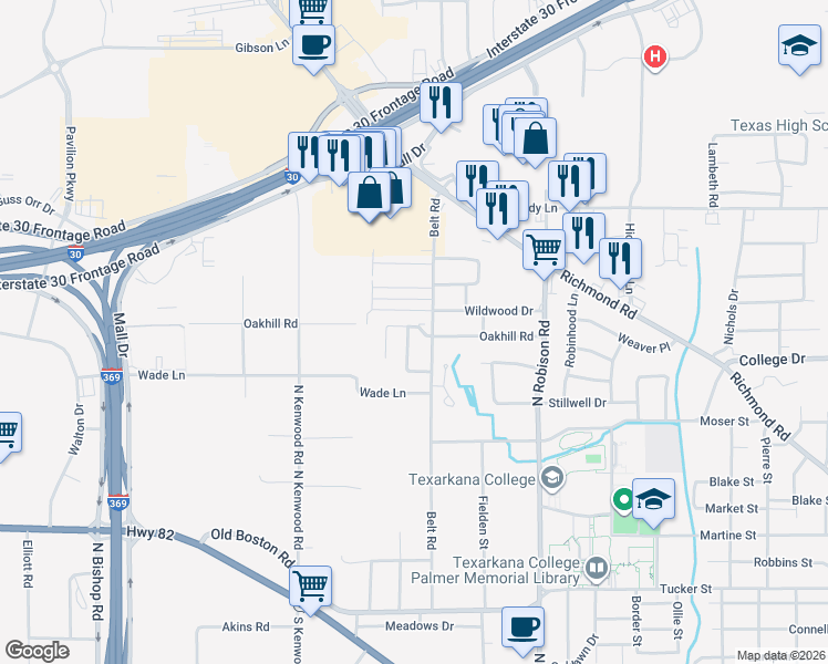 map of restaurants, bars, coffee shops, grocery stores, and more near 102 Cheyenne Place in Texarkana