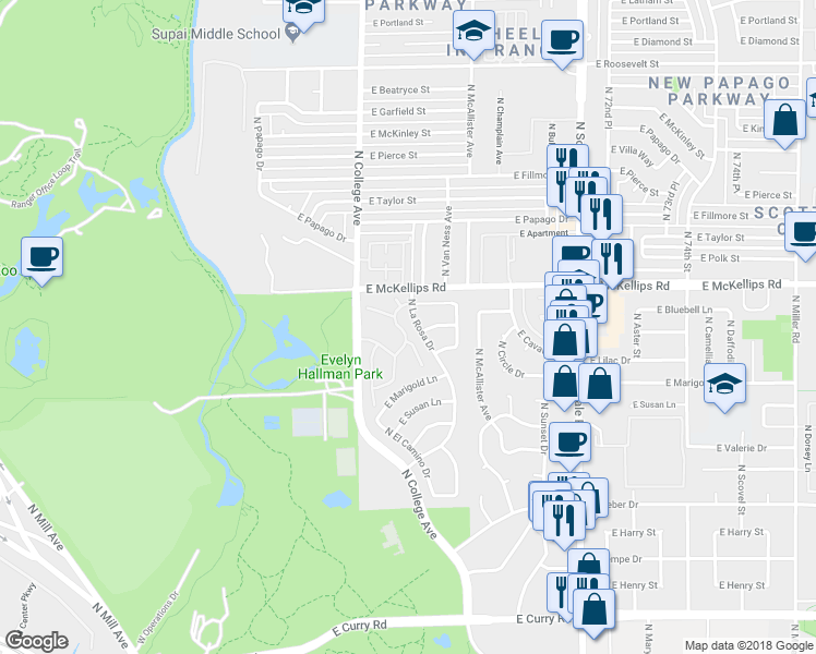 map of restaurants, bars, coffee shops, grocery stores, and more near 1733 North Sierra Vista Drive in Tempe