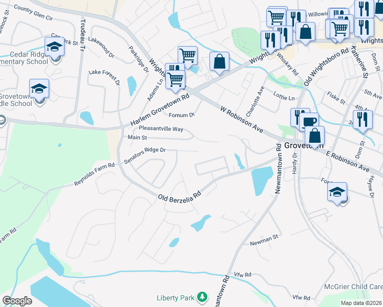 map of restaurants, bars, coffee shops, grocery stores, and more near 7507 Senators Ridge Drive in Grovetown