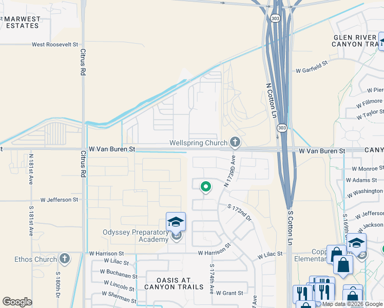map of restaurants, bars, coffee shops, grocery stores, and more near 17470 West Woodlands Avenue in Goodyear