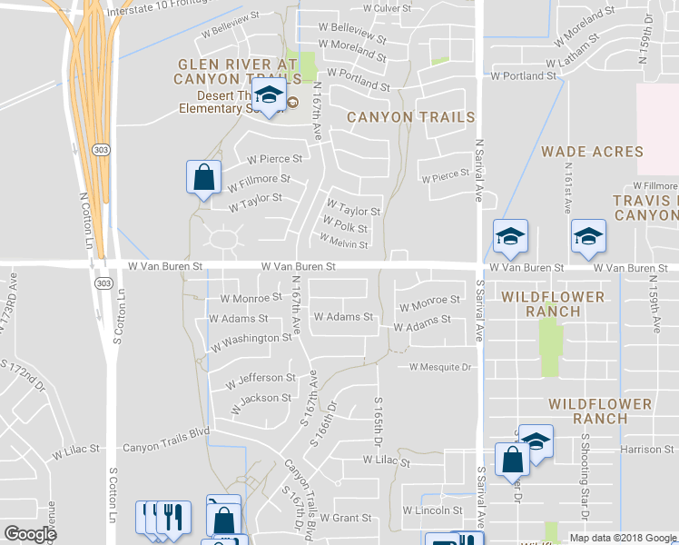 map of restaurants, bars, coffee shops, grocery stores, and more near 16610 West Woodlands Avenue in Goodyear