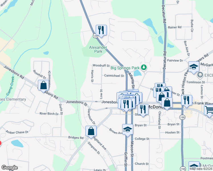map of restaurants, bars, coffee shops, grocery stores, and more near 92 Brannan Street in McDonough