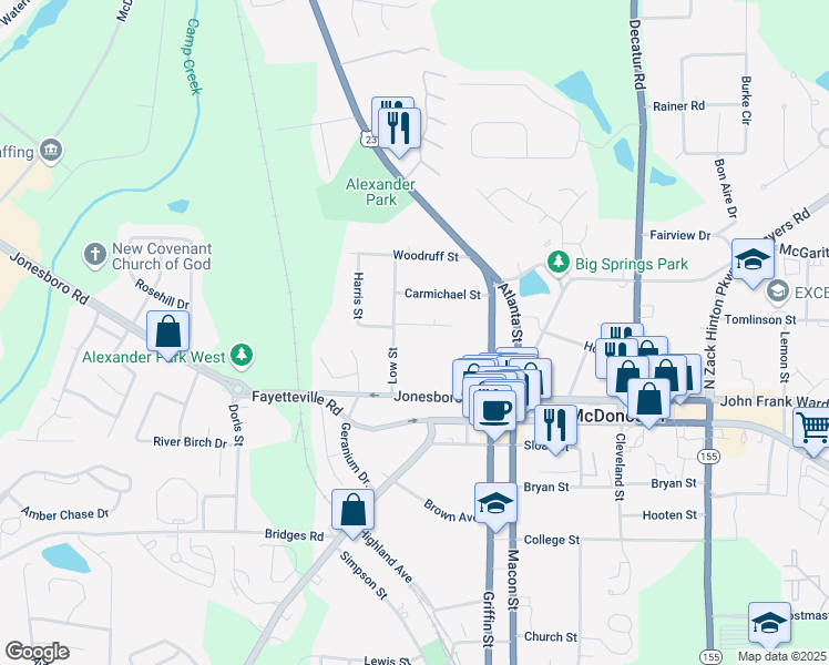 map of restaurants, bars, coffee shops, grocery stores, and more near 92 Brannan Street in McDonough