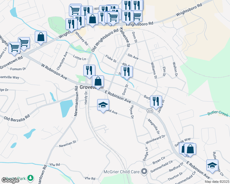 map of restaurants, bars, coffee shops, grocery stores, and more near 201 East Robinson Avenue in Grovetown