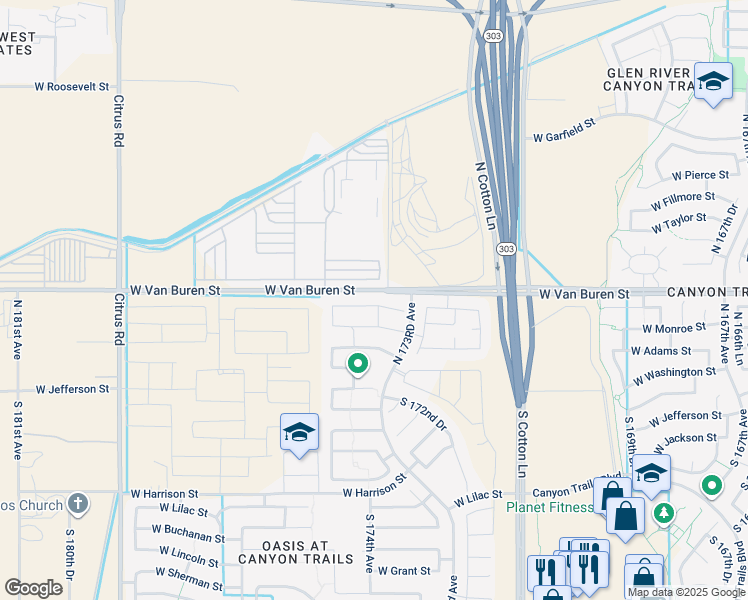 map of restaurants, bars, coffee shops, grocery stores, and more near 17358 West Woodlands Avenue in Goodyear
