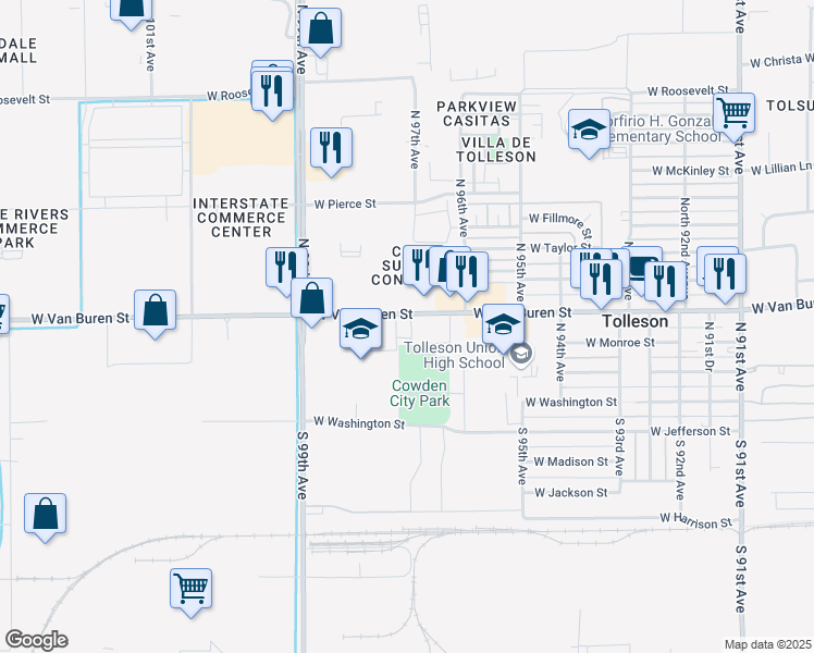 map of restaurants, bars, coffee shops, grocery stores, and more near 9701 West Van Buren Street in Tolleson