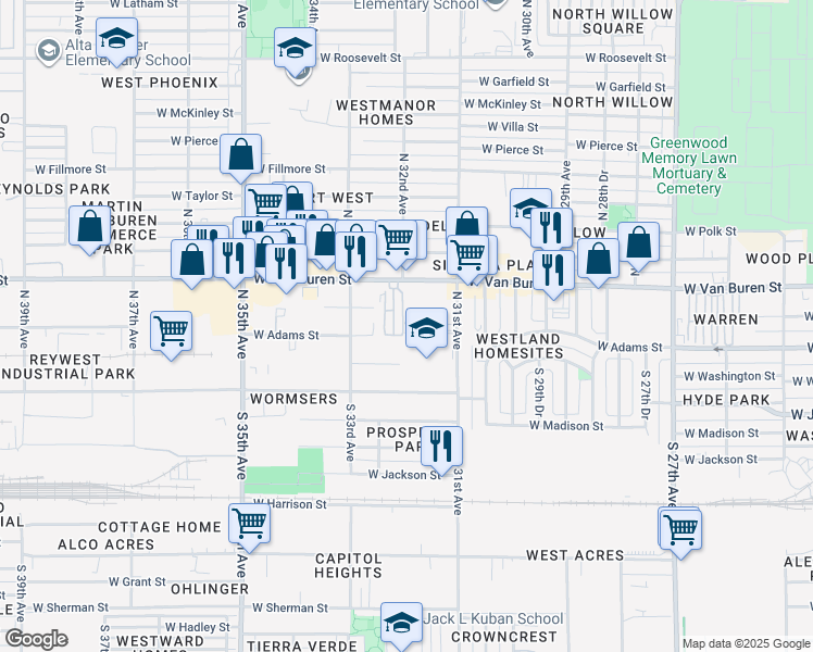 map of restaurants, bars, coffee shops, grocery stores, and more near 366 North 32nd Avenue in Phoenix