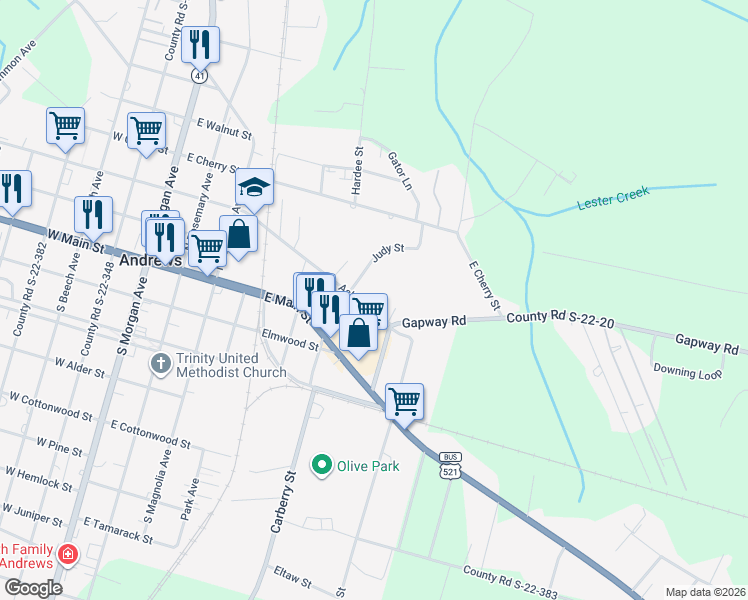 map of restaurants, bars, coffee shops, grocery stores, and more near 609 Ashland Road in Andrews