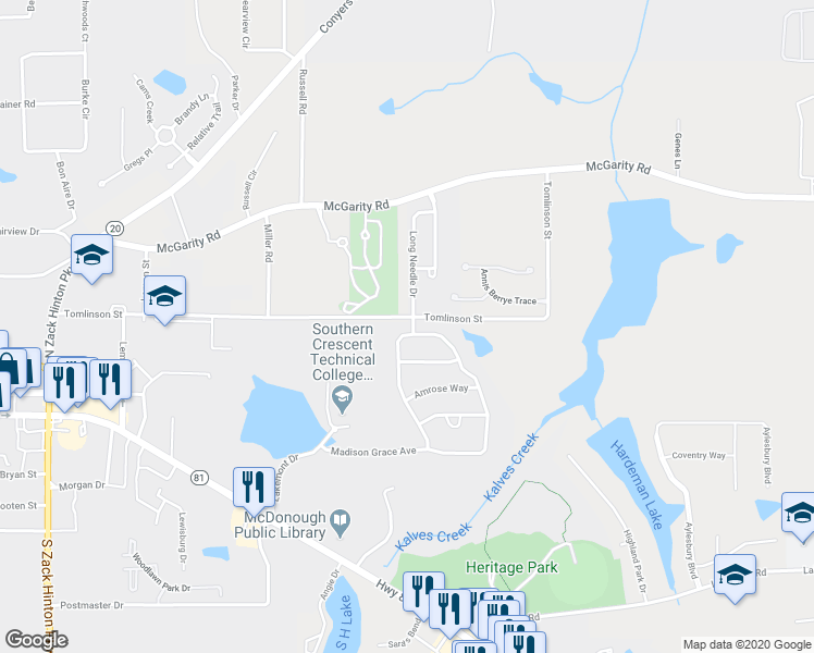 map of restaurants, bars, coffee shops, grocery stores, and more near 292 Madison Grace Avenue in McDonough