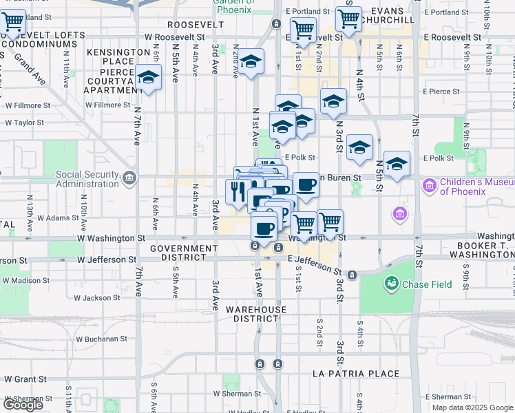 map of restaurants, bars, coffee shops, grocery stores, and more near 112 North 1st Avenue in Phoenix