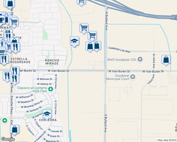map of restaurants, bars, coffee shops, grocery stores, and more near 14953 West Van Buren Street in Goodyear