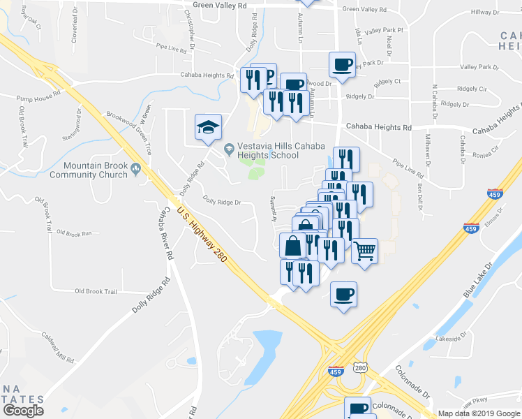 map of restaurants, bars, coffee shops, grocery stores, and more near 3160 Dolly Ridge Drive in Vestavia Hills