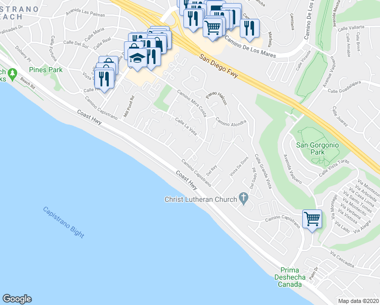 map of restaurants, bars, coffee shops, grocery stores, and more near 27352 Vista Azul in Dana Point