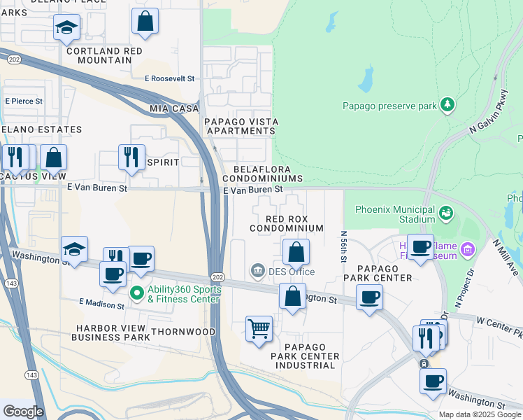 map of restaurants, bars, coffee shops, grocery stores, and more near 5345 East Van Buren Street in Phoenix