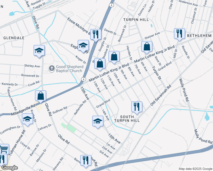 map of restaurants, bars, coffee shops, grocery stores, and more near 1119 12th Avenue in Augusta