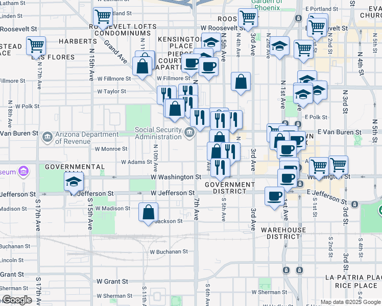 map of restaurants, bars, coffee shops, grocery stores, and more near 100 North 7th Avenue in Phoenix