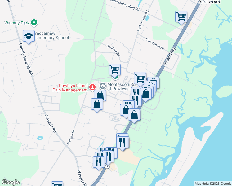 map of restaurants, bars, coffee shops, grocery stores, and more near 198 Pembroke Lane in Pawleys Island