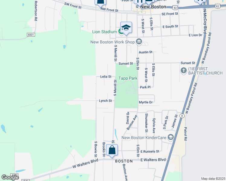 map of restaurants, bars, coffee shops, grocery stores, and more near 808 South Merrill Street in New Boston