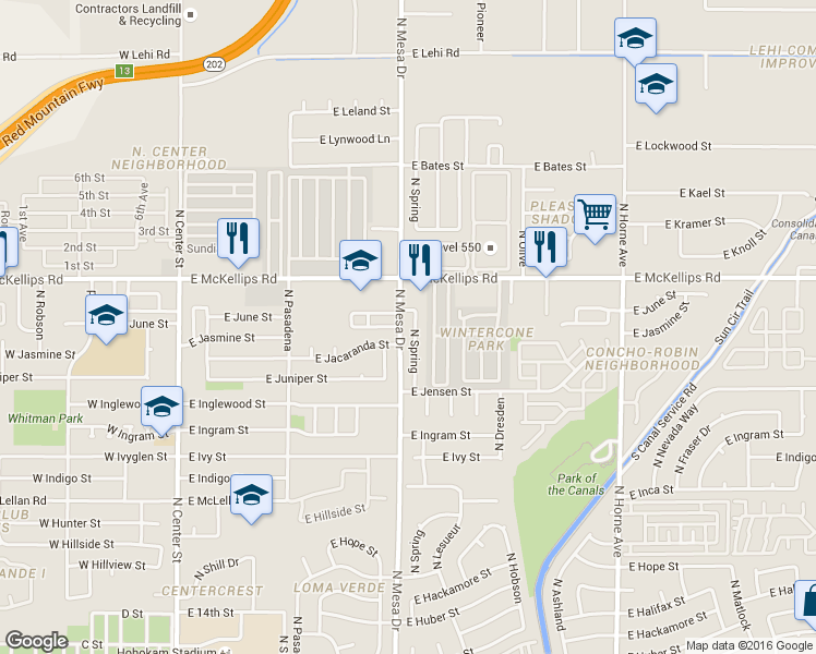 map of restaurants, bars, coffee shops, grocery stores, and more near 1926 North Spring in Mesa