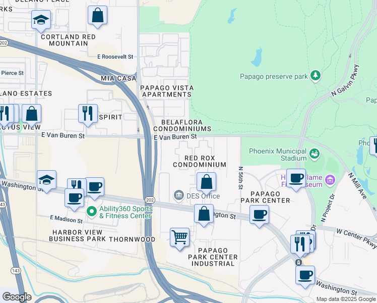 map of restaurants, bars, coffee shops, grocery stores, and more near 5345 East Van Buren Street in Phoenix