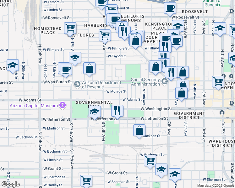 map of restaurants, bars, coffee shops, grocery stores, and more near 1227 West Monroe Street in Phoenix