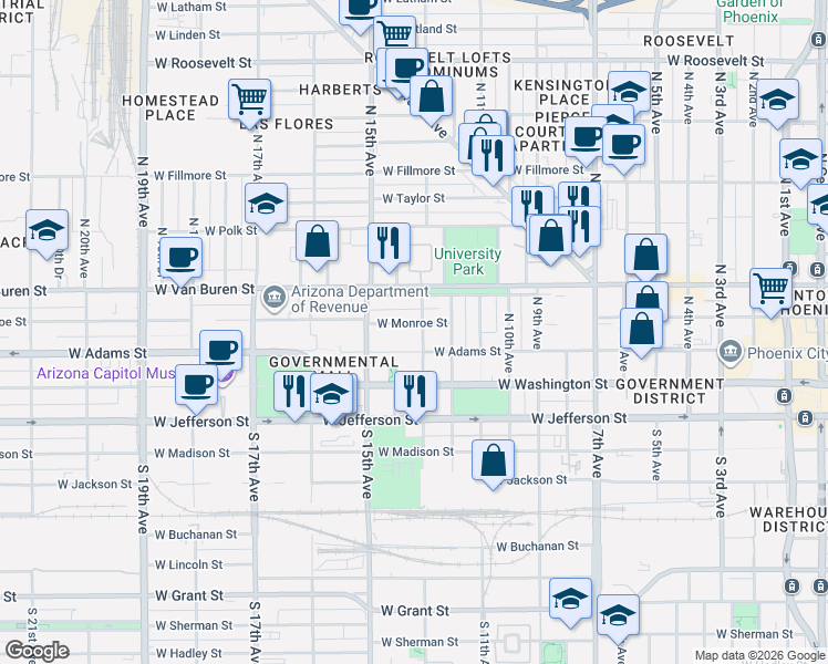 map of restaurants, bars, coffee shops, grocery stores, and more near 1227 West Monroe Street in Phoenix