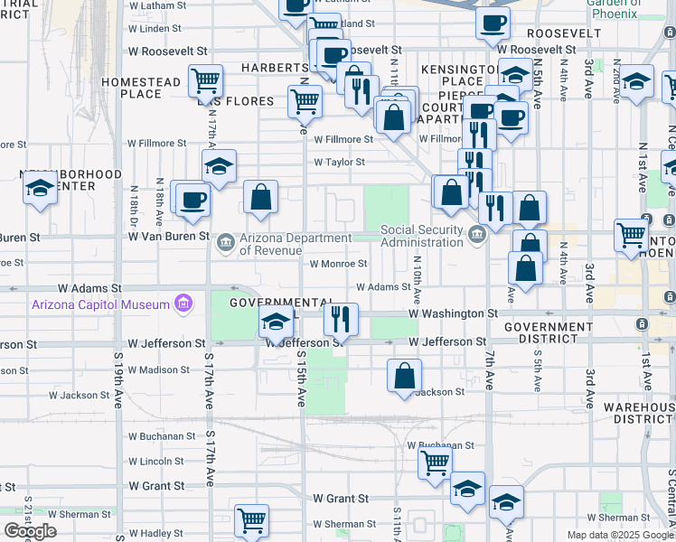 map of restaurants, bars, coffee shops, grocery stores, and more near 1227 West Monroe Street in Phoenix