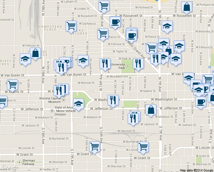 map of restaurants, bars, coffee shops, grocery stores, and more near 1327 West Monroe Street in Phoenix