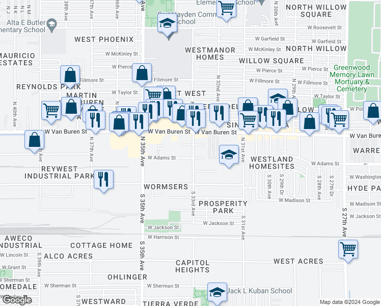 map of restaurants, bars, coffee shops, grocery stores, and more near 3318 West Adams Street in Phoenix