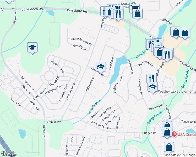 map of restaurants, bars, coffee shops, grocery stores, and more near 1310 Aberdare Drive in McDonough