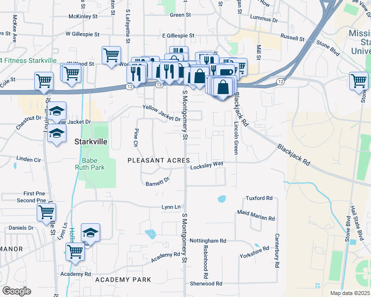 map of restaurants, bars, coffee shops, grocery stores, and more near 660-670 South Montgomery Street in Starkville