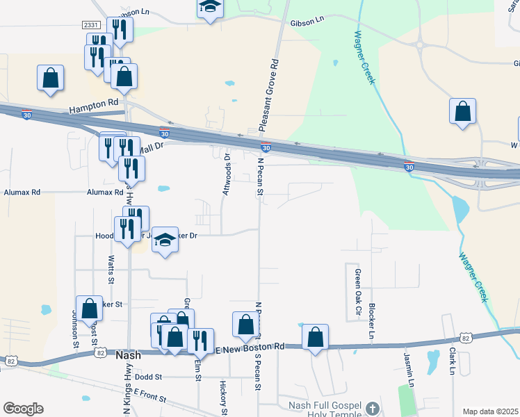 map of restaurants, bars, coffee shops, grocery stores, and more near 1 Robin Drive in Nash