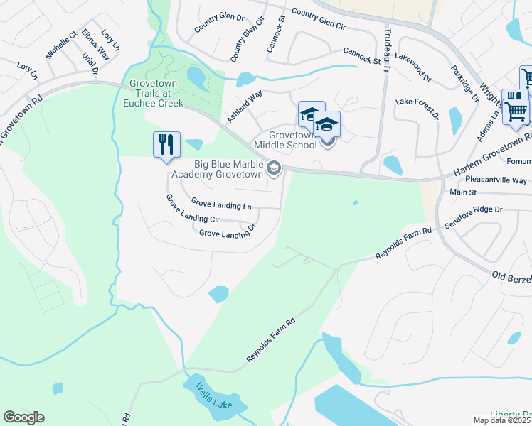 map of restaurants, bars, coffee shops, grocery stores, and more near 1062 Grove Landing Lane in Grovetown