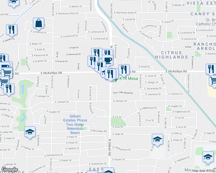 map of restaurants, bars, coffee shops, grocery stores, and more near 1902 North Gilbert Road in Mesa