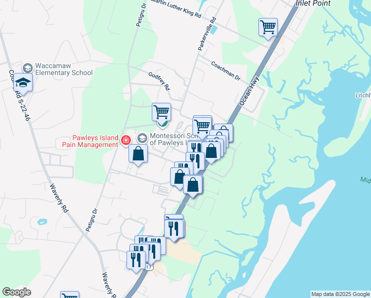 map of restaurants, bars, coffee shops, grocery stores, and more near 27 Pond View Drive in Pawleys Island