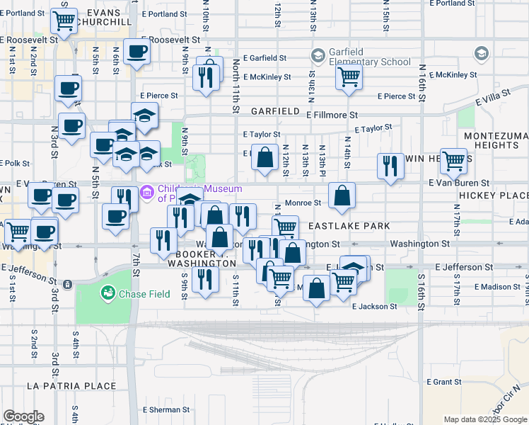 map of restaurants, bars, coffee shops, grocery stores, and more near 1134 East Monroe Street in Phoenix