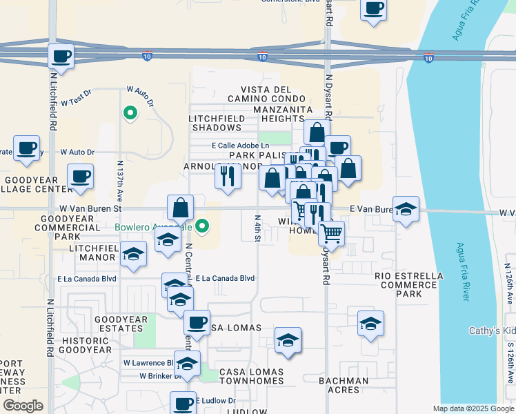 map of restaurants, bars, coffee shops, grocery stores, and more near 1425 N Palo Verde Dr in Goodyear