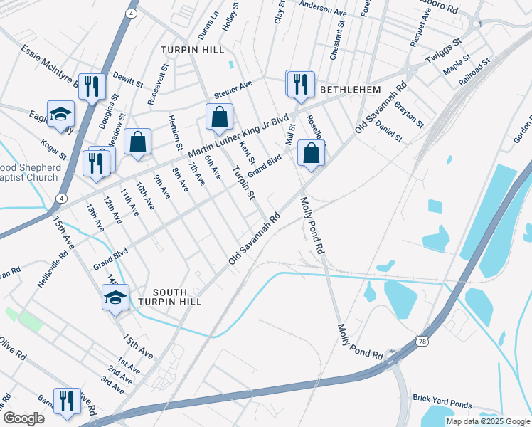 map of restaurants, bars, coffee shops, grocery stores, and more near 1007 Turpin Street in Augusta