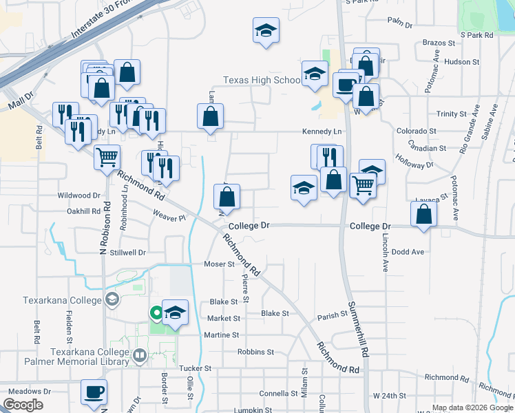 map of restaurants, bars, coffee shops, grocery stores, and more near 3400 Pineknoll Road in Texarkana