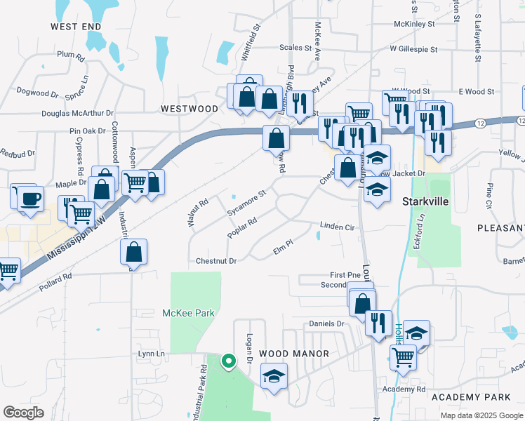 map of restaurants, bars, coffee shops, grocery stores, and more near 506 Poplar Road in Starkville