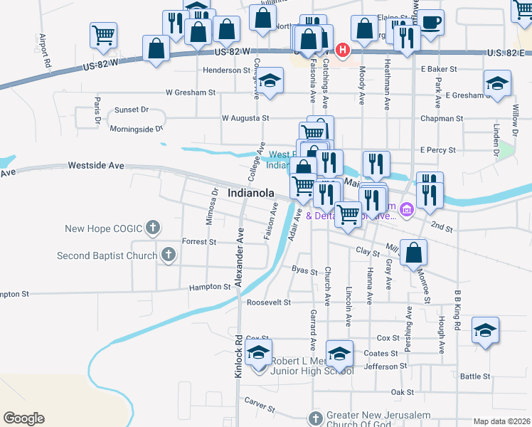 map of restaurants, bars, coffee shops, grocery stores, and more near 201-299 Hood Street in Indianola