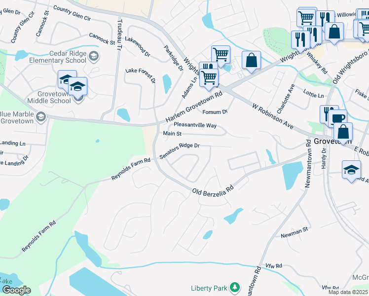 map of restaurants, bars, coffee shops, grocery stores, and more near 7617 Senators Ridge Drive in Grovetown