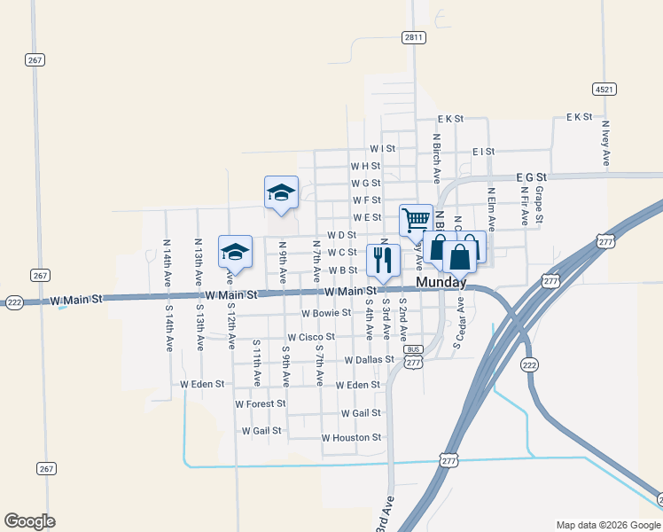 map of restaurants, bars, coffee shops, grocery stores, and more near 611 West B Street in Munday