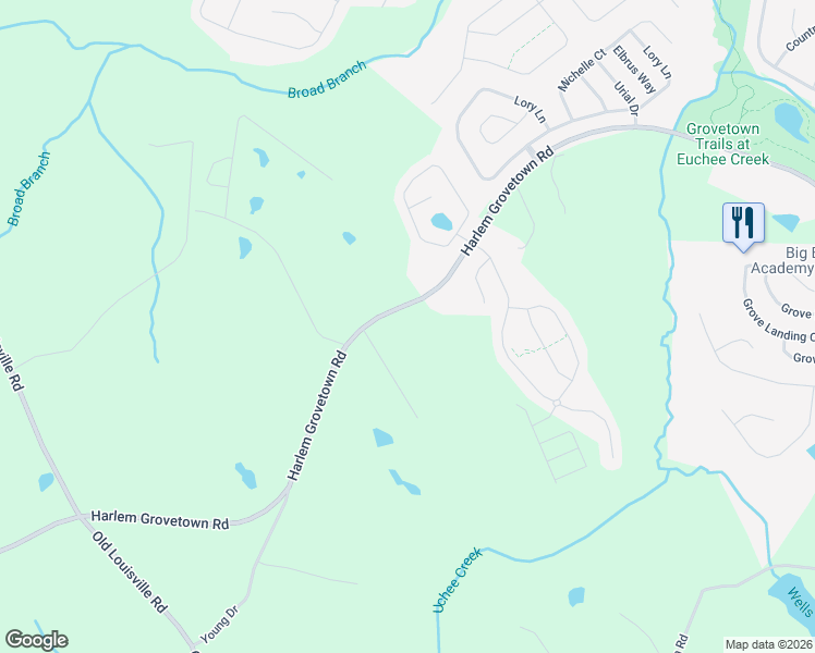 map of restaurants, bars, coffee shops, grocery stores, and more near 5754 Harlem Grovetown Road in Grovetown