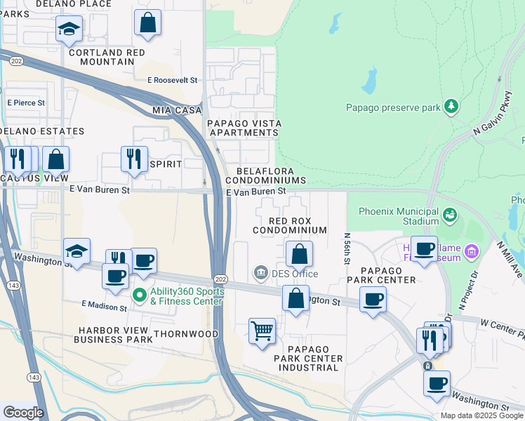 map of restaurants, bars, coffee shops, grocery stores, and more near 5345 East Van Buren Street in Phoenix