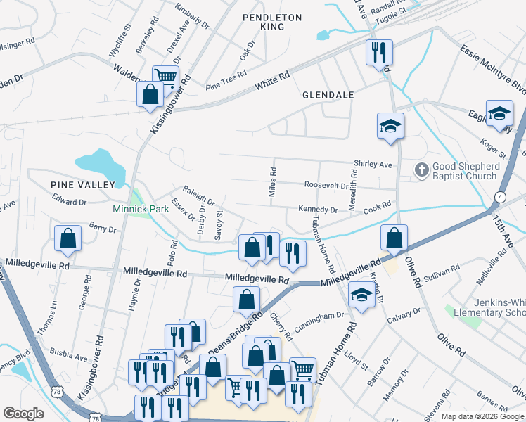 map of restaurants, bars, coffee shops, grocery stores, and more near 2122 Kennedy Drive in Augusta