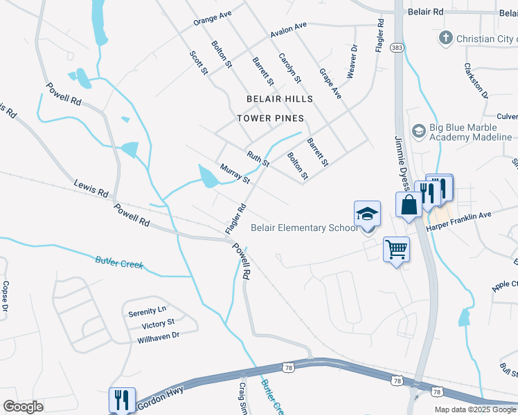 map of restaurants, bars, coffee shops, grocery stores, and more near 1708 Flagler Road in Augusta