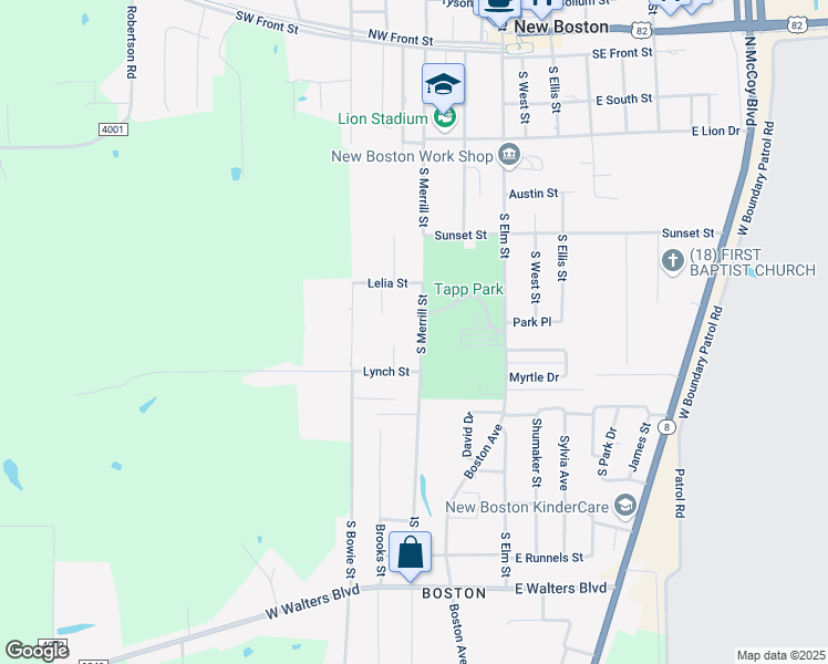 map of restaurants, bars, coffee shops, grocery stores, and more near 808 South Merrill Street in New Boston